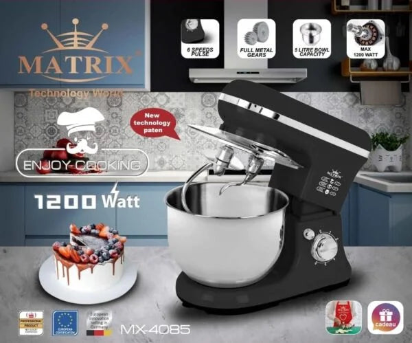 Pétrin Double Crochets 05L – 1200W avec 04 Accessoires Noir Matrix MX-4085