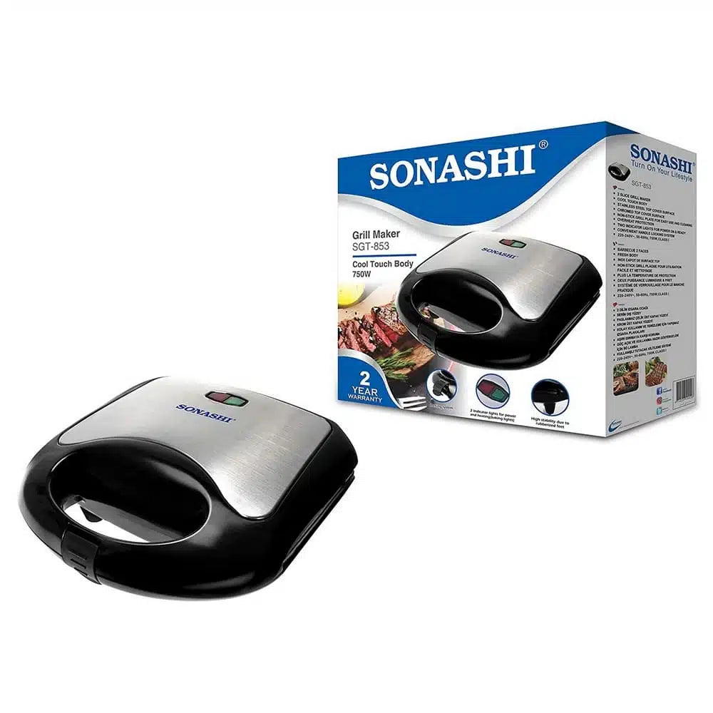 Grill À Viande Et Panineuse À 2 Tranches 750W Sonashi SGT-853